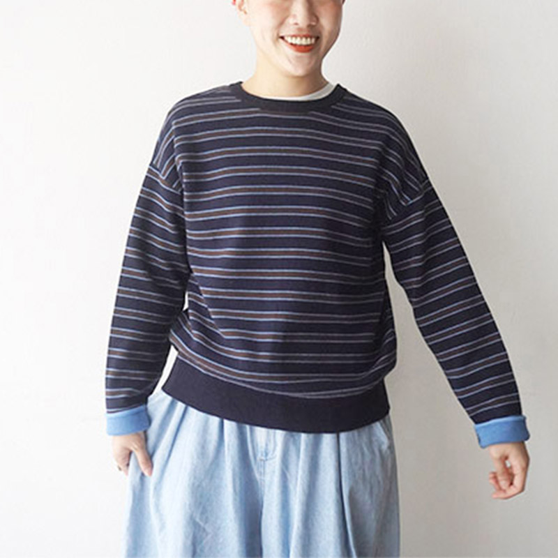 mao made  Ｗフェイスボーダーカーディガン /NV×BR791